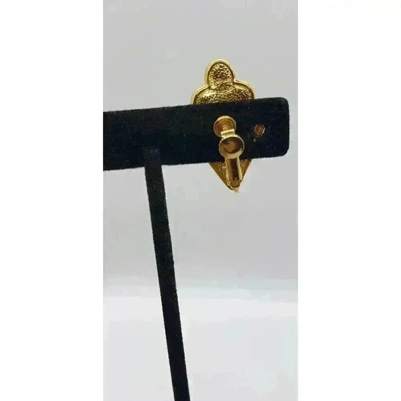 Vintage Gold Earrings Cherry Red & clear Rhinestone Clip & Screw Peacock Feather - Picture 5 of 9